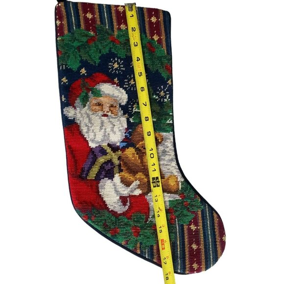 Santa Needlepoint Christmas Stocking Wool Teddy Bear Tree Holly Blue Velvet 18" - Picture 8 of 10